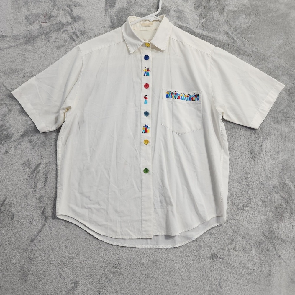 Vintage John Henry Shirt Womens‎ 4 White Embroidered Native People Short Sleeve